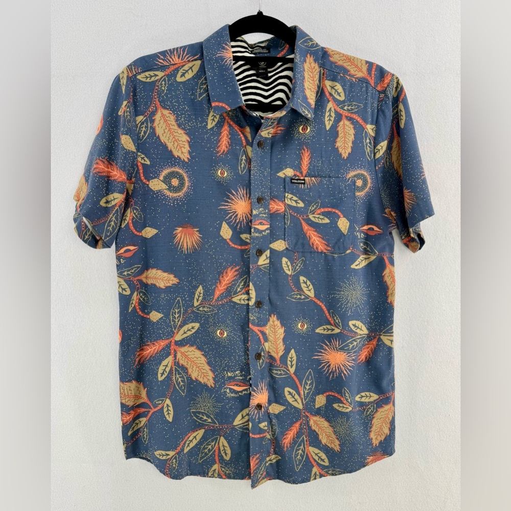 VOLCOM men’s Broha blue Rust floral Print modern fit Cotton Blend Buttons S